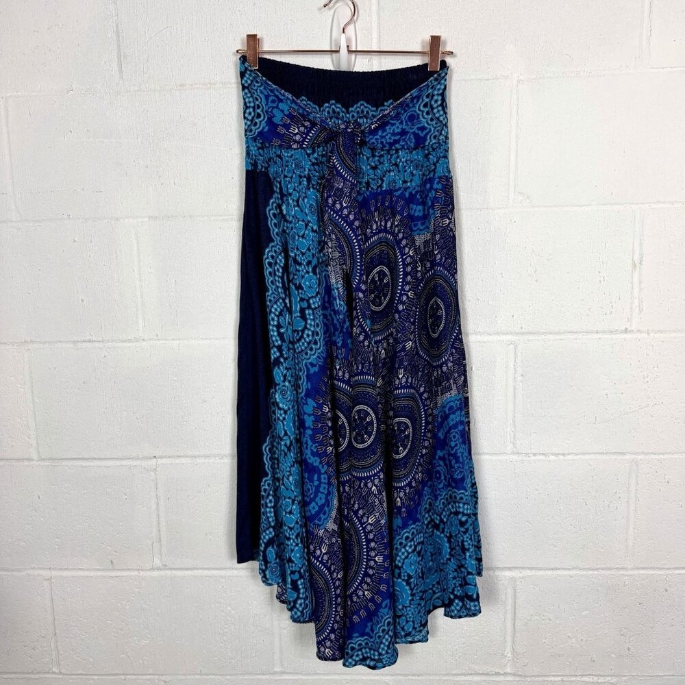 Blue‎ Floral Skirt Asymmetric Tie Waist Smocked Whimsigoth Gypsy Fairy Grunge S